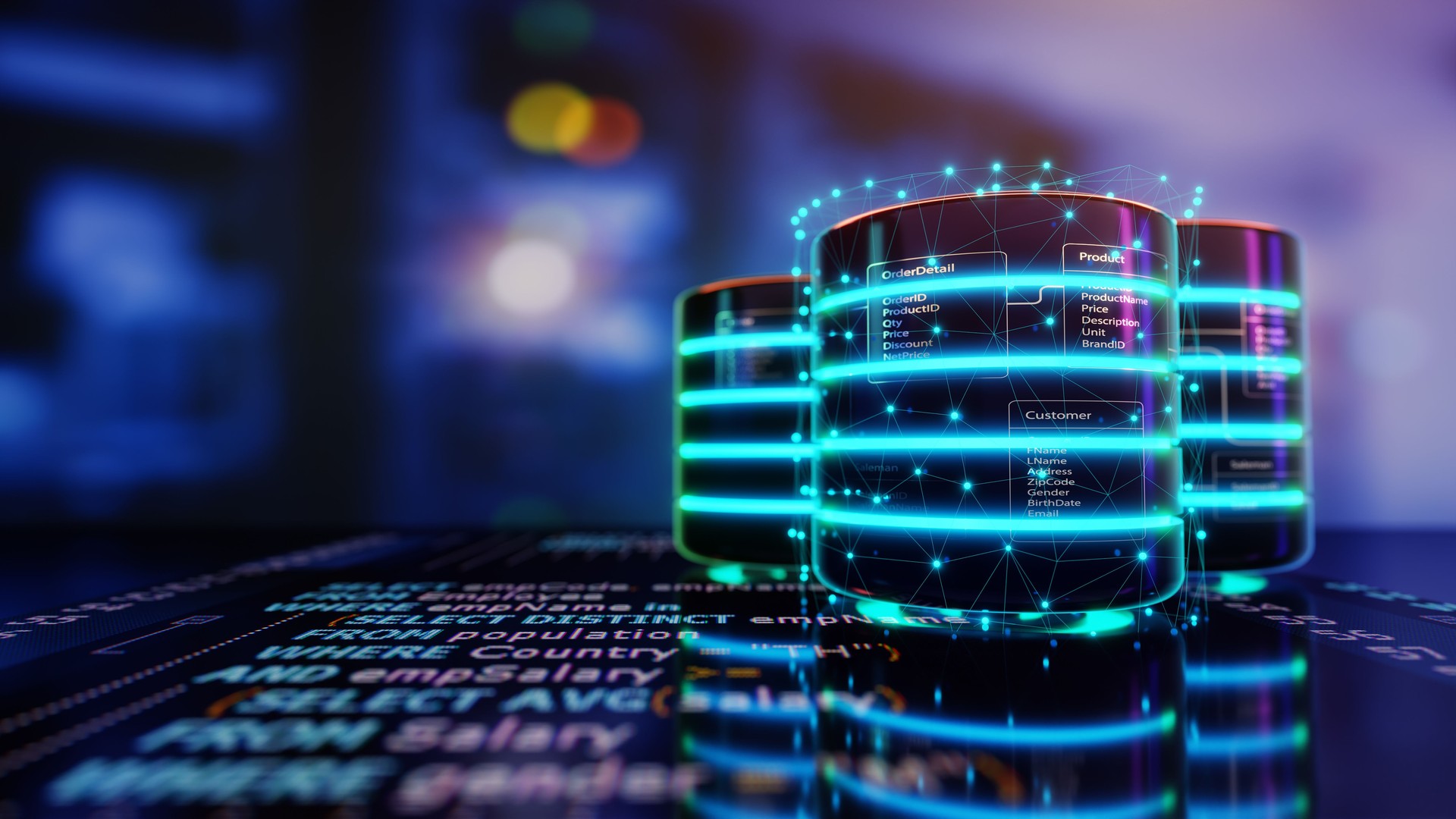 Relational database tables on databases are placed on Structured Query Language code with server room background. Concept of Database server, SQL, Database diagram design. 3D render.